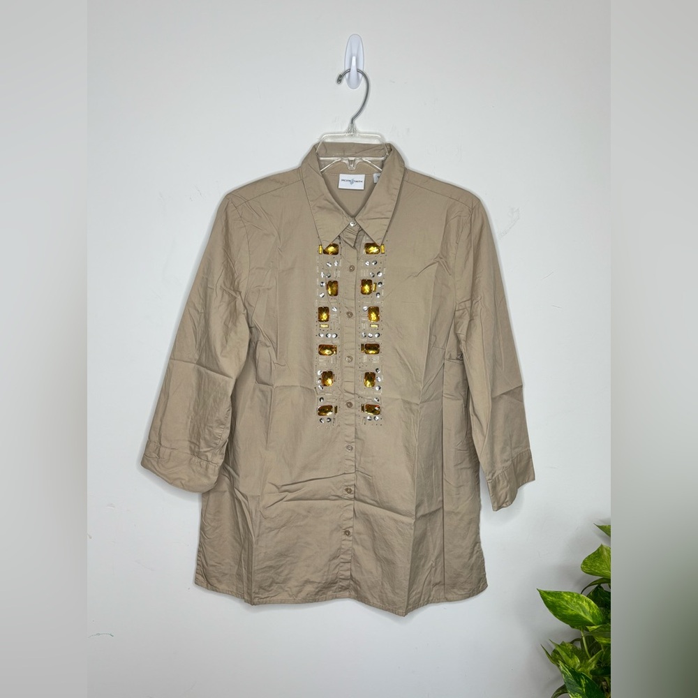BN1 Jaclyn Smith‎ Embellished Faux Citrine Gemstone Button up Top Cotton Large